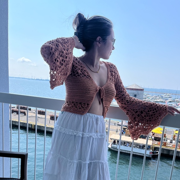 Handmade bell sleeve front tie crochet top - Picture 3 of 5